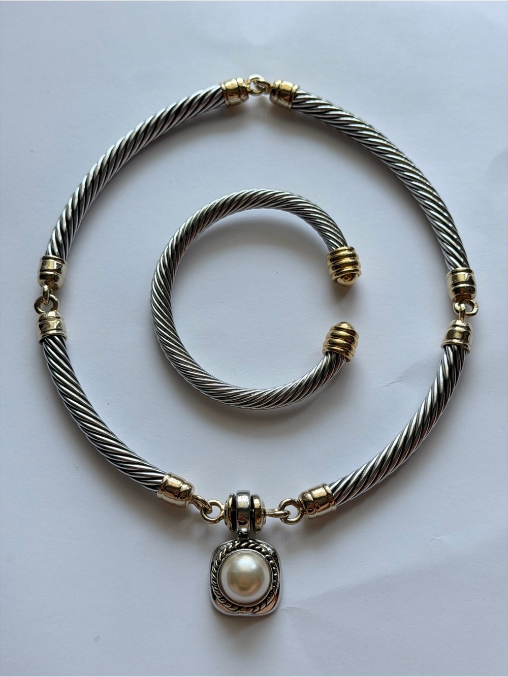 Two-Tone Silver & Gold Cable Necklace with Pearl Pendant